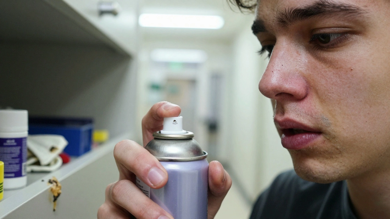 Close-up of a young person&#039;s face with chemical residue on lips and trembling hand holding a spray can.