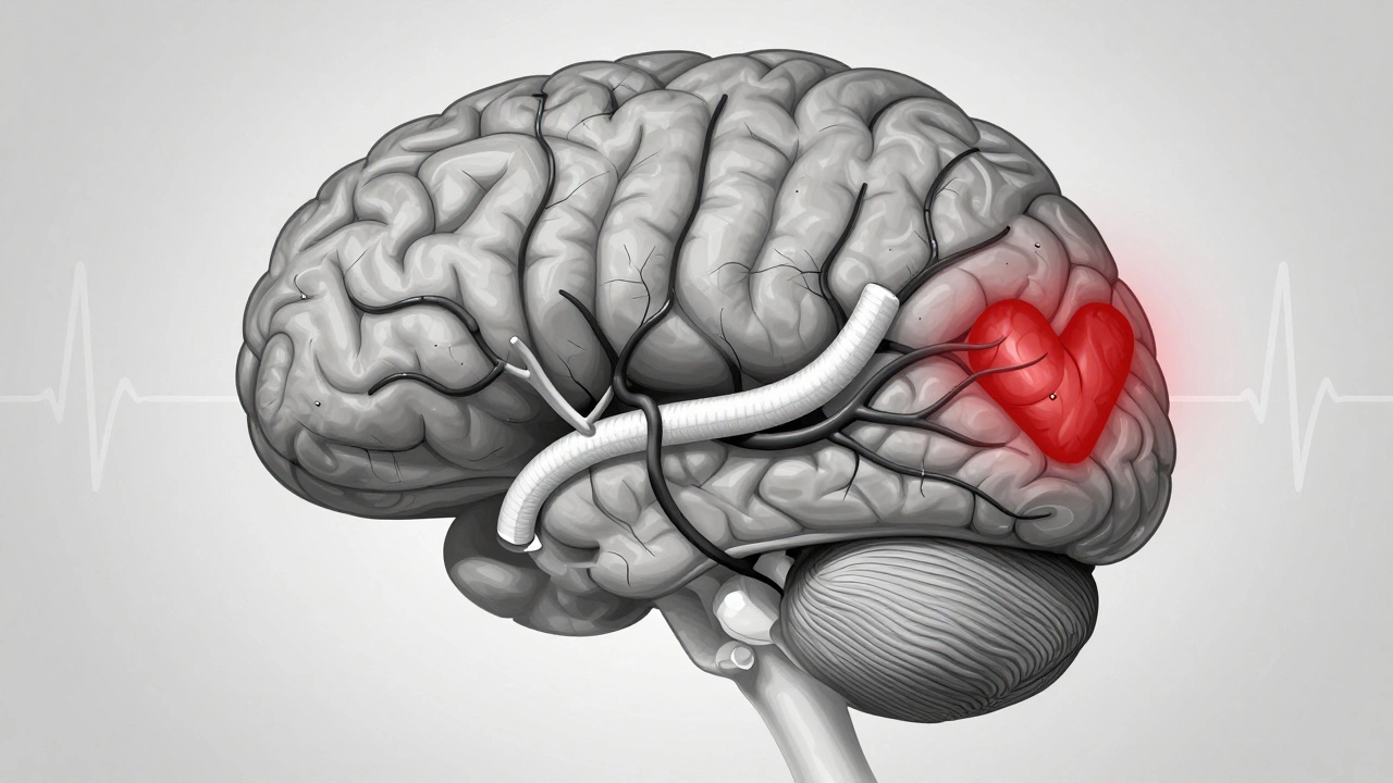 Medical illustration showing brain damage from inhalants, with deteriorating neural pathways and flatlining heart monitor.