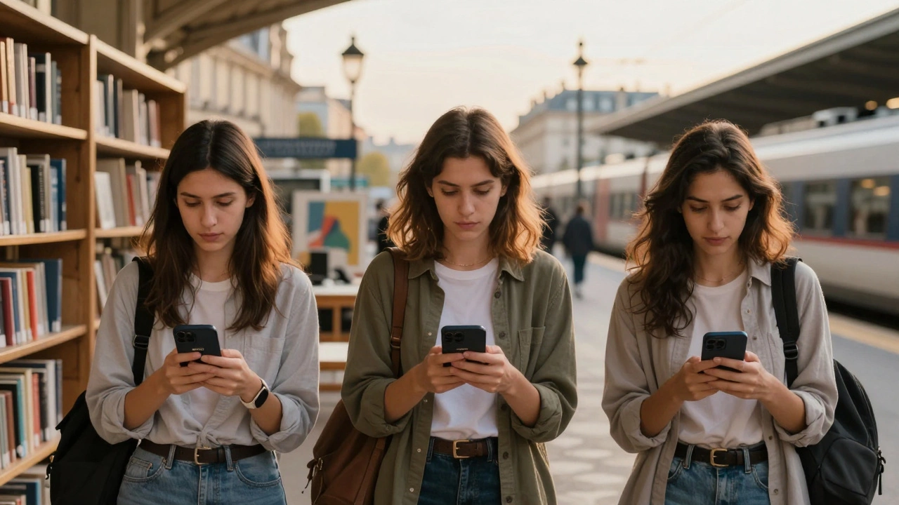 Three women in everyday settings, each with a discreet escort website on their phone.